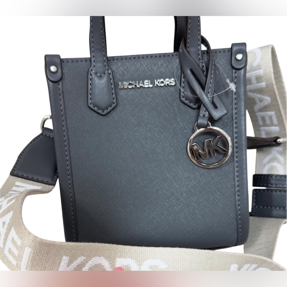 Michael Kors Charcoal NWT Mini Crossbody Black Bag With Tan Guitar Strap